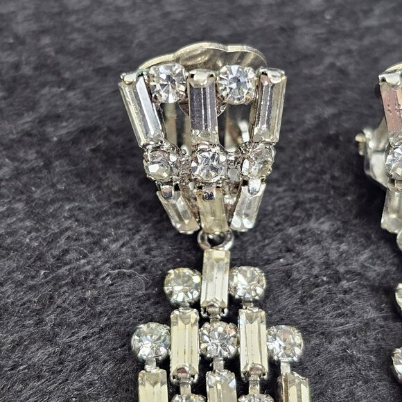 Western Germany Rhinestone Vintage Dangle Earrings Faux Diamonds Silver Tone - Picture 6 of 11